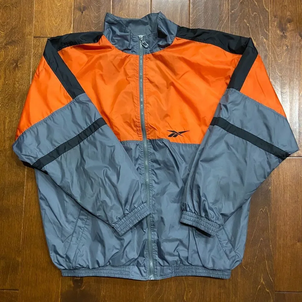 Reebok Vintage 90s Color Block Orange Gray Black Windbreaker Jacket Men's XXL